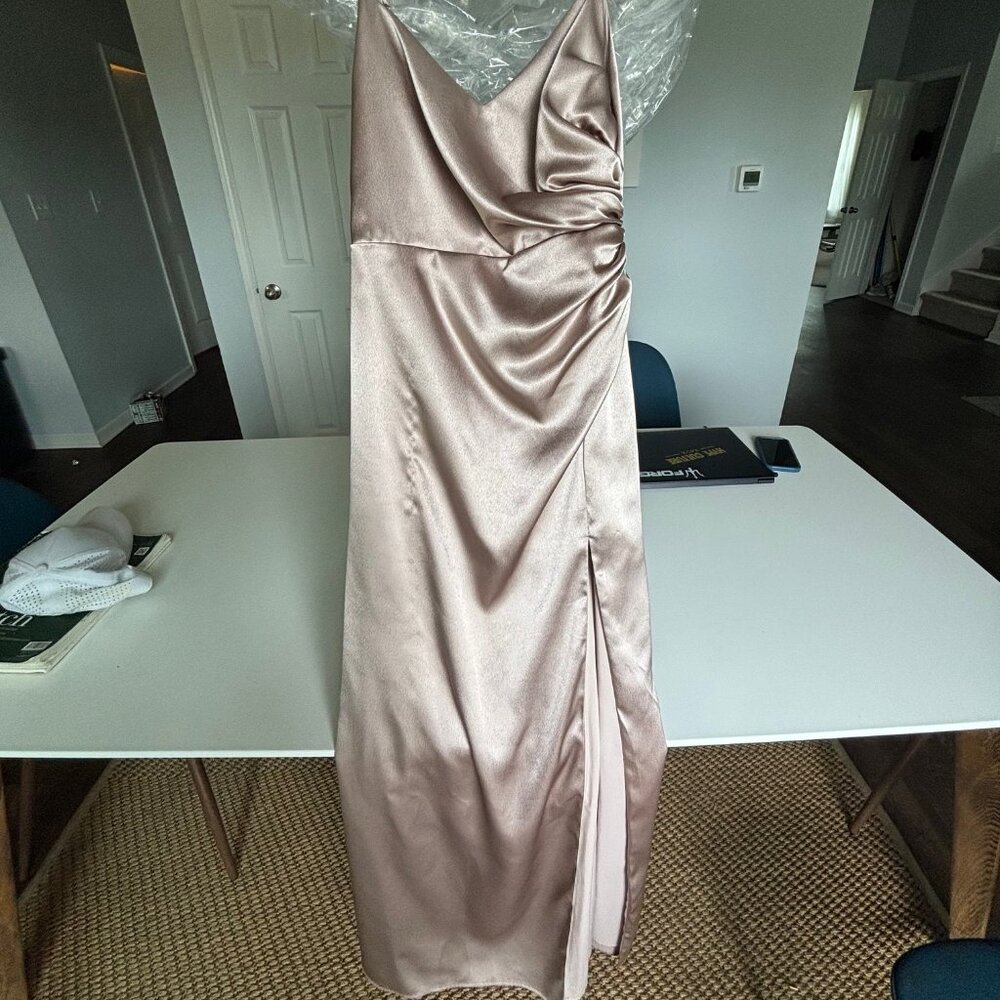 BIRDIE GREY - CATHERINE SHINY SATIN DRESS  - TAUPE
